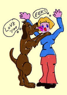 dominant dog jumping on owner cartoon